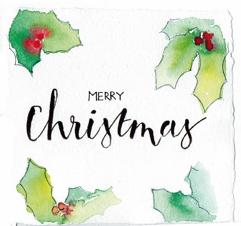 "merry christmas" Illustration Stechpalme, Aquarelltechnik, Schriftzug Brushscript