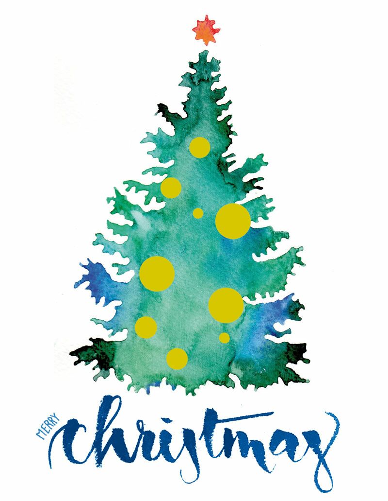 Weihnachtskarte, Weihnachtsbaum, Aquarelltechnik, Goldstift und Handlettering, Brushscript