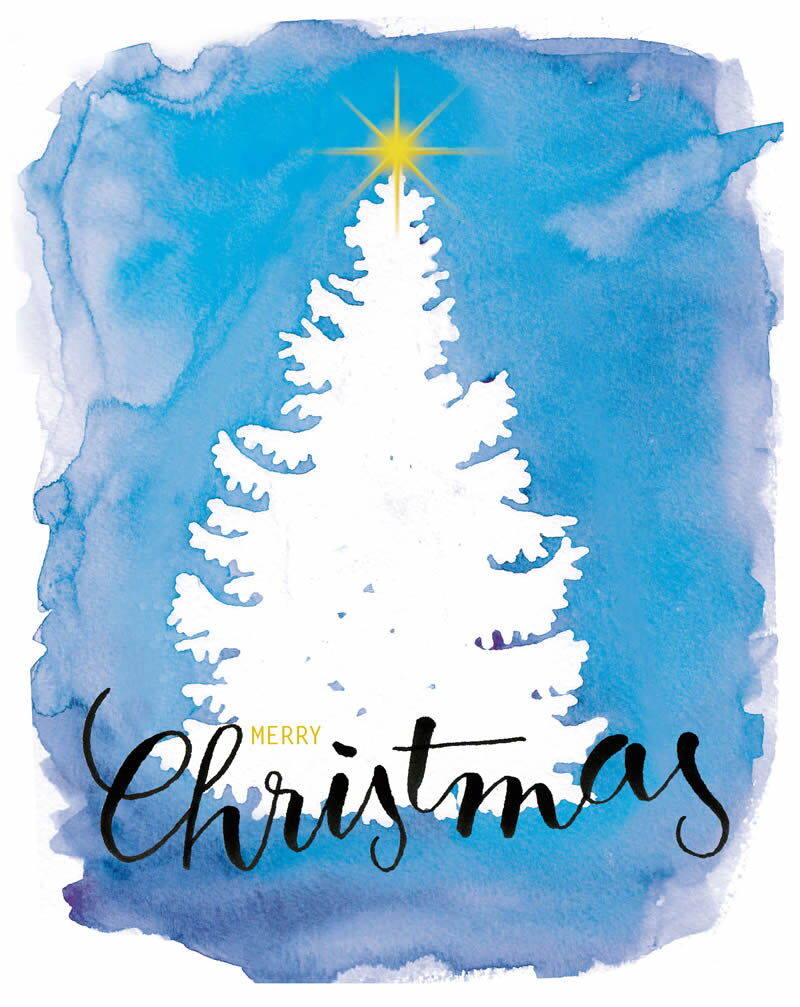 "merry christmas" Illustration Tanne mit Weihnachtsstern, Aquarelltechnik, Schriftzug Brushscript