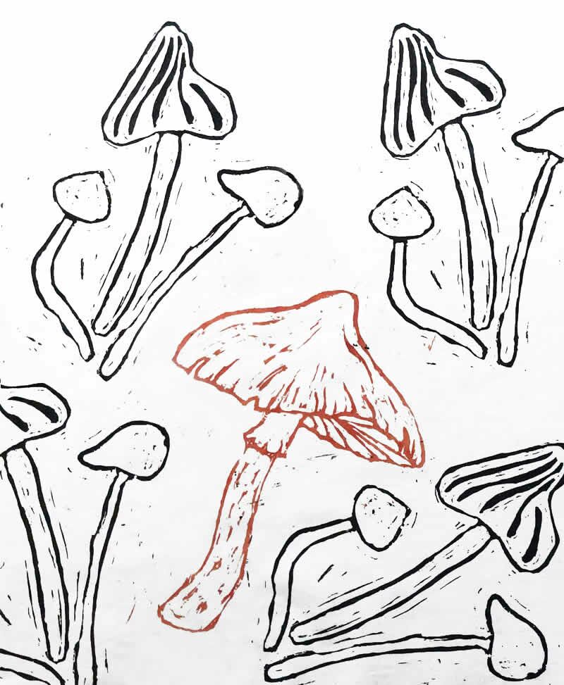 Herbstzeit "mushrooms" Textiles Design, Siebdruck auf Stoff