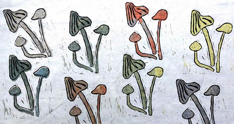 Herbstzeit "mushrooms" Textiles Design, Rapport, Siebdruck auf Stoff