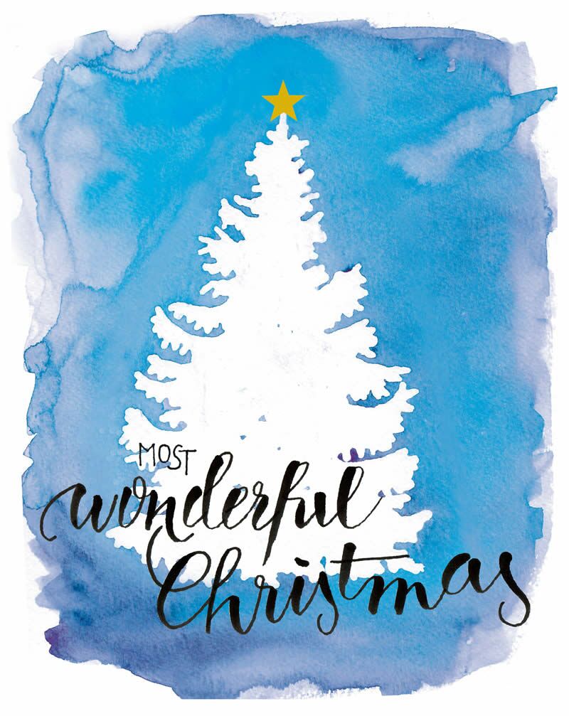 Most wonderful Christmas, Weihnachtskarte, Illustration Tanne mit Weihnachtsstern, Aquarelltechnik, Schriftzug Brushscript