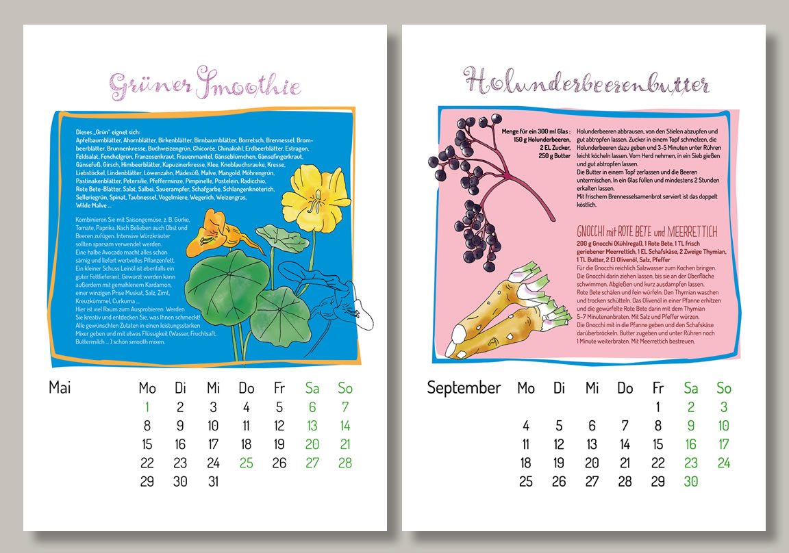 Gestaltung und Illustrierung eines Monatswandkalenders von Büro für Grafikdesign und illustration, Elisabeth Steuernagel, Hamburg