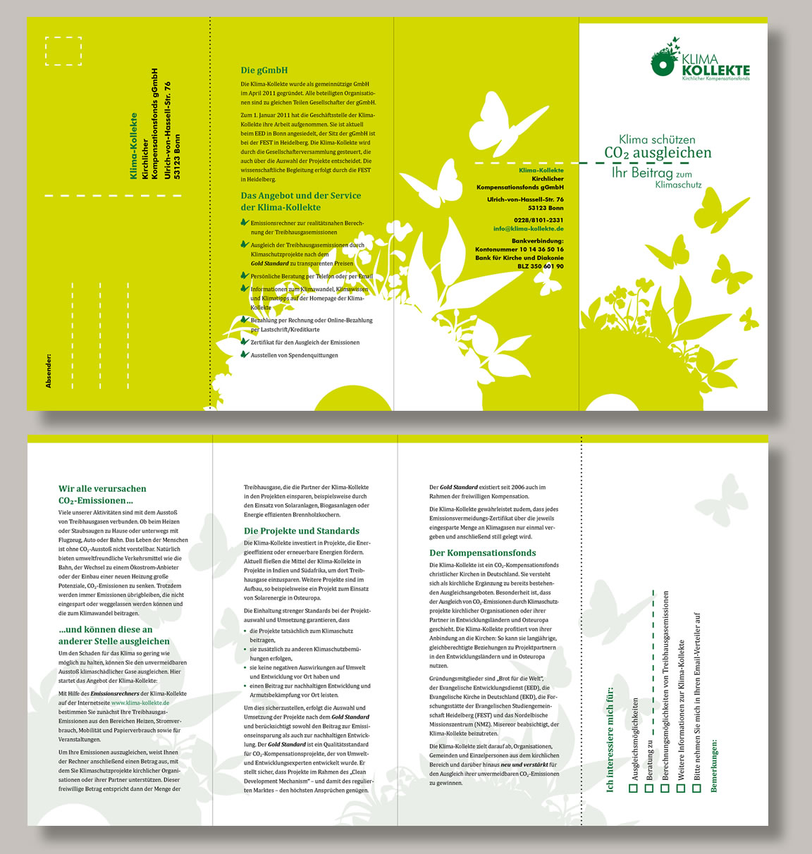 8-seitiger Flyer mit perforierter Antwortkarte für einen Klimafonds gestaltet von Büro für GrafikDesign und Illustration, Elisabeth Steuernagel, Hamburg